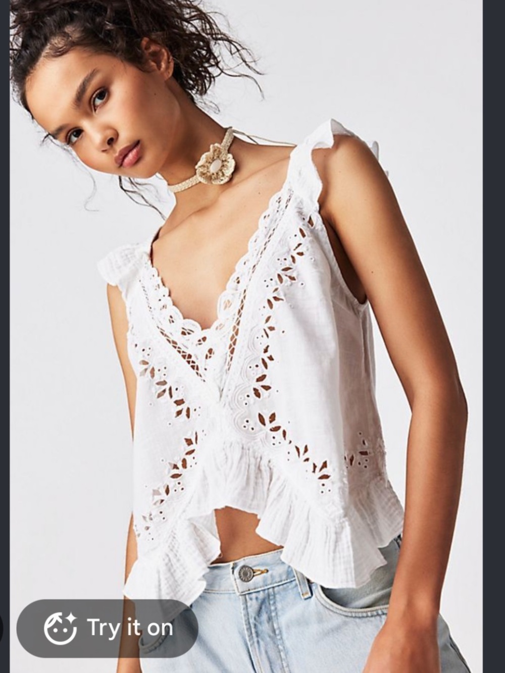 Free People White Eyelet Ruffle V-Neck Camisole